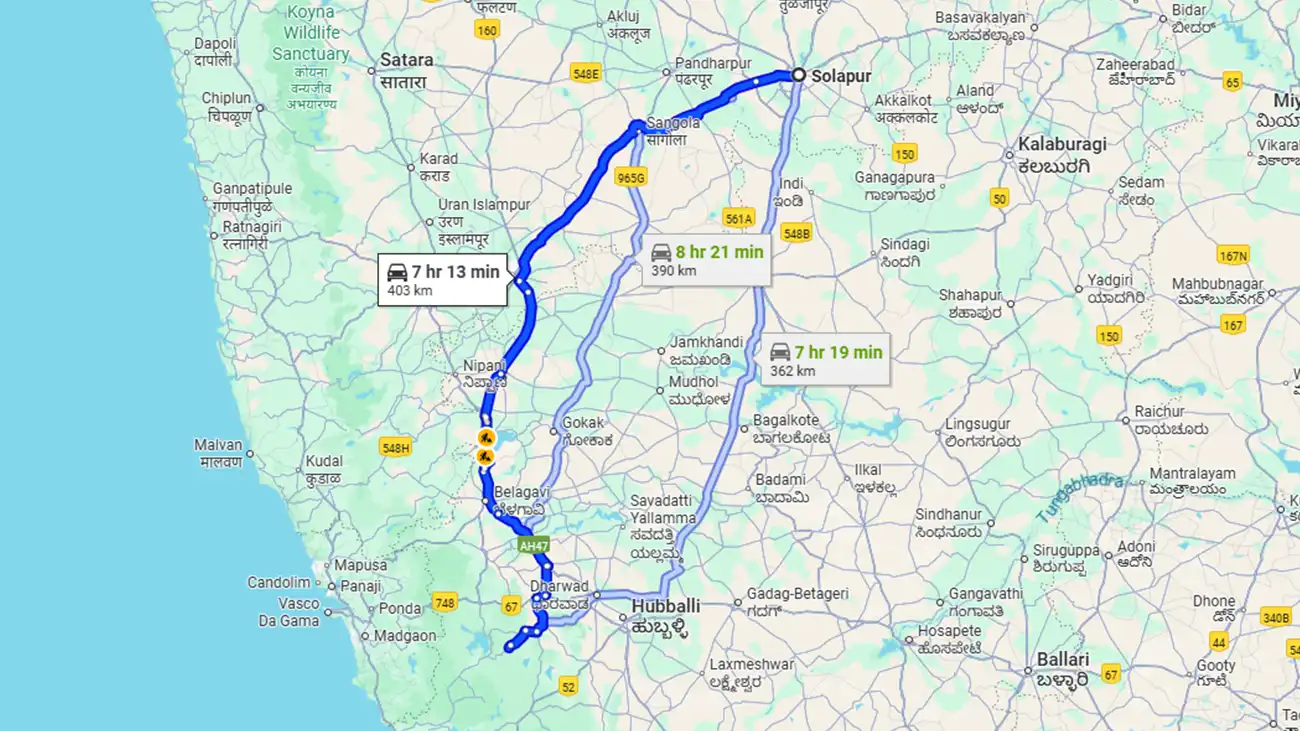 Solapur to dandeli distance